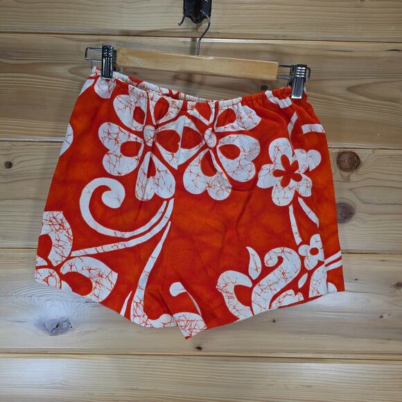 VTG Pacific Isle Outfit 2 Piece Tunic Shirt Shorts 70s Barkcloth Orange Floral - Picture 10 of 15
